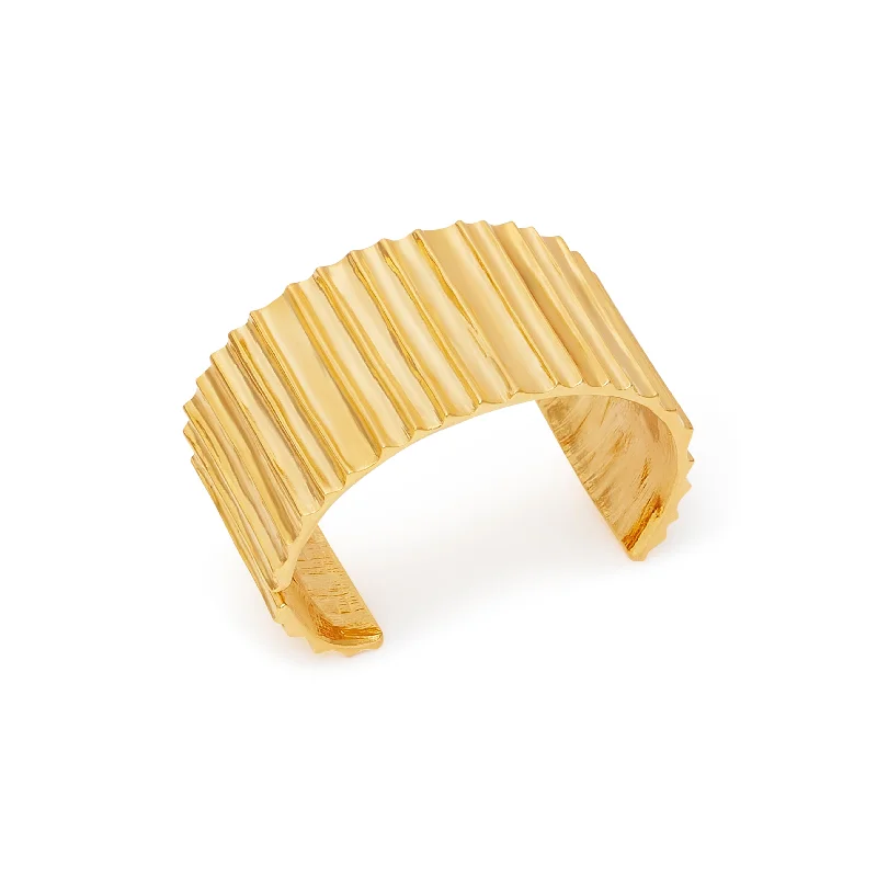 Gold Ribbed Hinged Cuff Bracelet