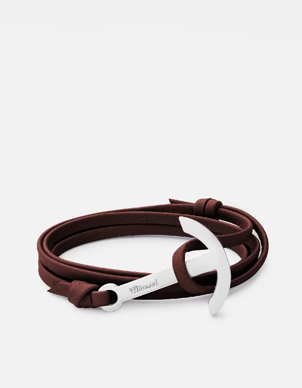 Modern Anchor on Leather Bracelet, Polished Silver