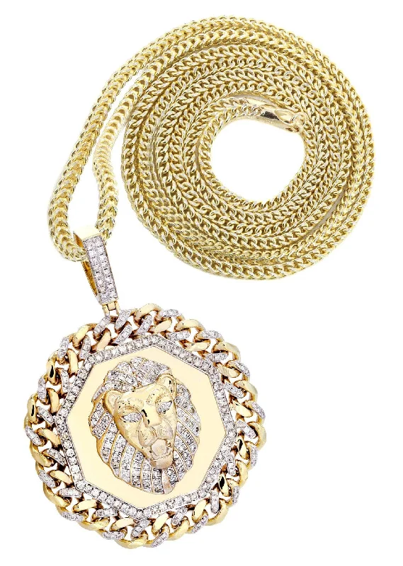 10K Yellow Gold Lion Head Diamond Necklace  | 2.92 Carats