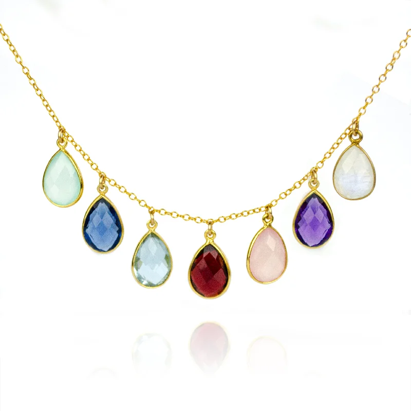 Mother's Teardrop Birthstone Collar Charm Necklace, Sterling Silver, Gold Filled, Hypoallergenic Gift for Women, Multicolor Multiple Gemstone Necklace