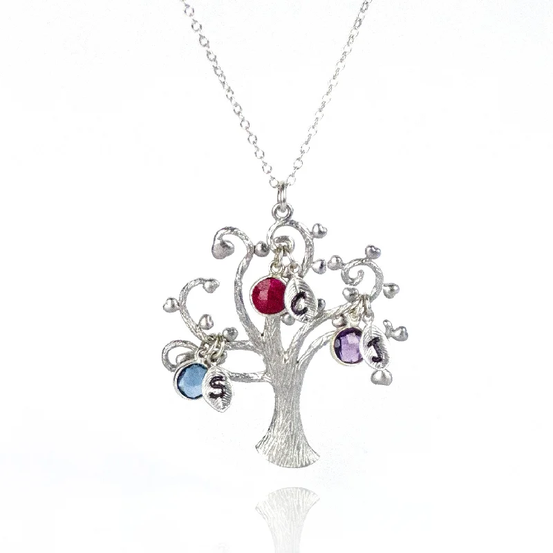 Family Swirly Tree Necklace with Kids Birthstones & Initials