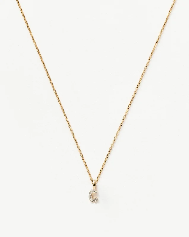 Fine Diamond Initial Mini Pendant Necklace - C | 14k Solid Yellow Gold Plated/Diamond