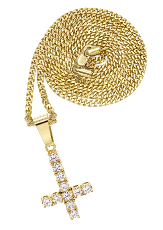 Mens Gold Plated Cuban Link Chain & Cross Pendant | Appx. 10.7 Grams