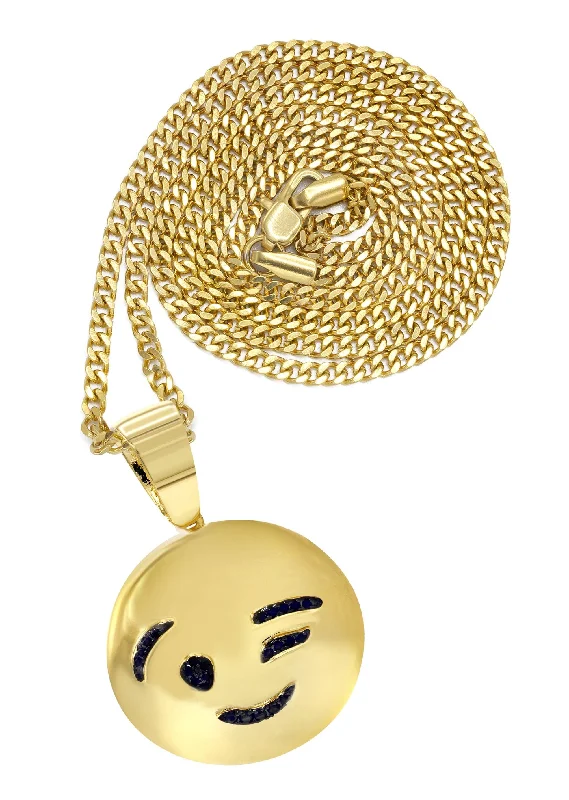 Mens Gold Plated Cuban Link Chain & Emoji Pendant | Appx. 14.3 Grams