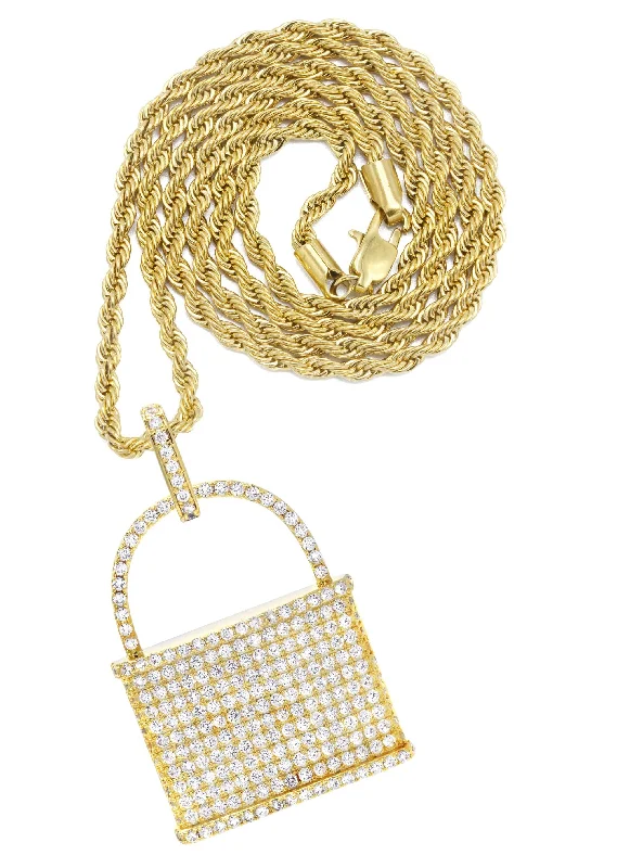 Mens Gold Plated Rope Chain & Lock Pendant | Appx. 18.7 Grams