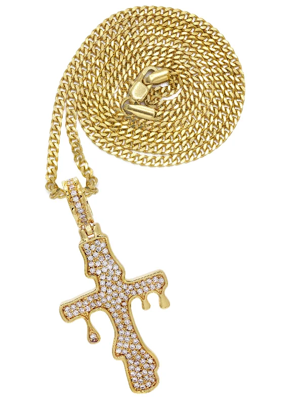 Gold Plated Cuban Link Chain & Melting Cross Pendant | Appx. 10.9 Grams