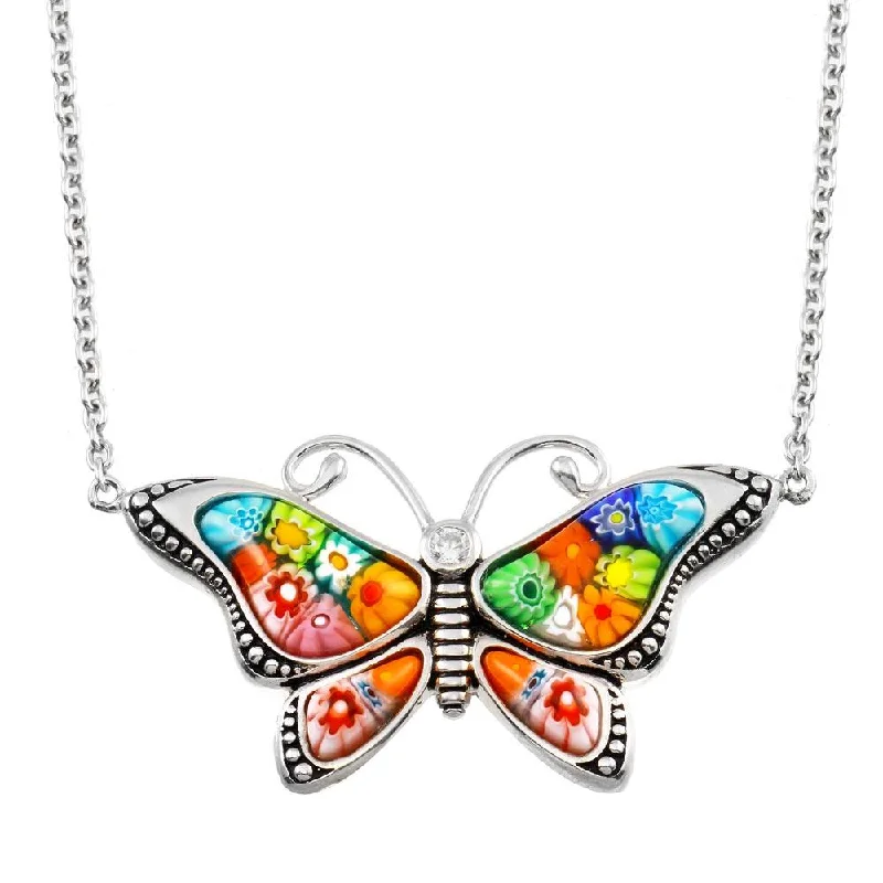 Rhodium Plated 925 Sterling Silver Butterfly Murano Glass CZ Necklace - MN00004