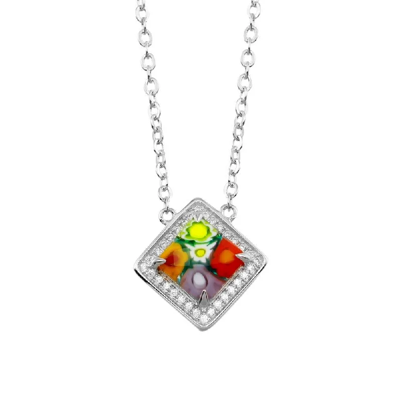 Rhodium Plated 925 Sterling Silver Square Halo Murano Glass CZ Necklace - MN00002