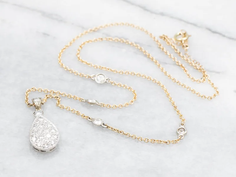 Two Tone Gold Teardrop Diamond Cluster Necklace