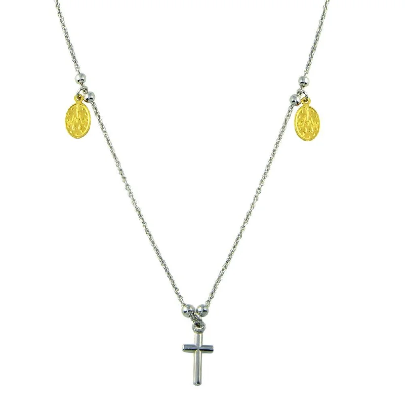 Two-Tone 925 Sterling Silver Cross and Charms Necklace - ARN00014GP