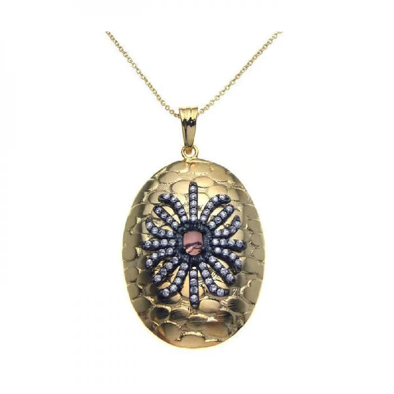 Closeout-Silver 925 Black Rhodium and Gold Plated Clear CZ Round Pendant Necklace - STP00949