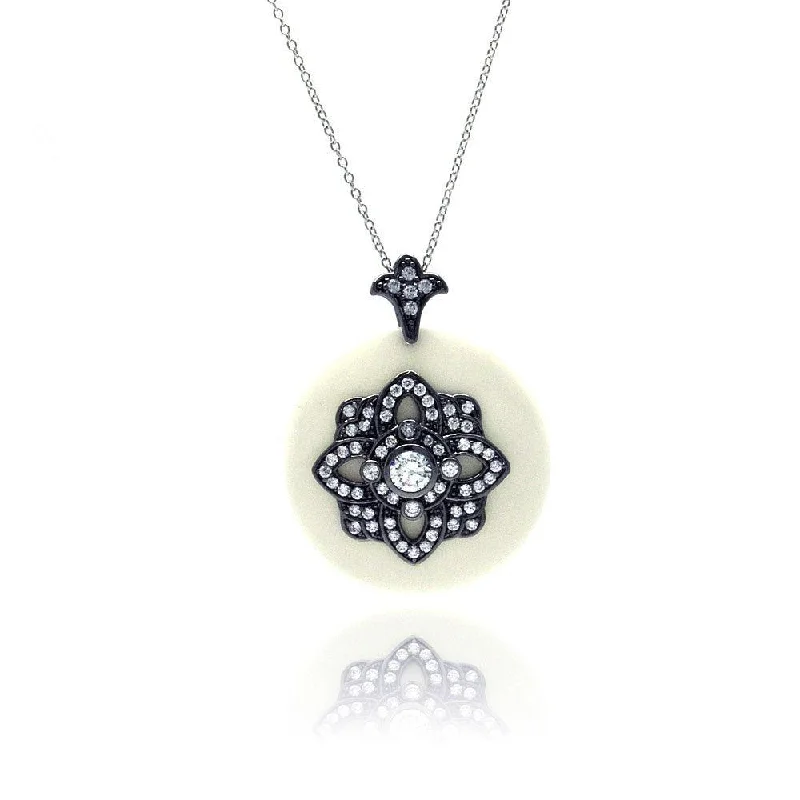 Closeout-Silver 925 Black Rhodium Plated Clear CZ Round White Synthetic Pendant Necklace - STP01127WT