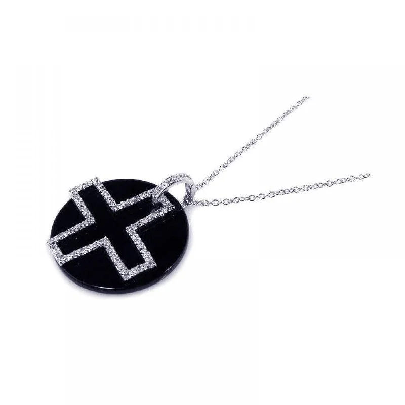 Closeout-Silver 925 Clear CZ and Onyx Rhodium Plated Cross Pendant Necklace - BGP00124