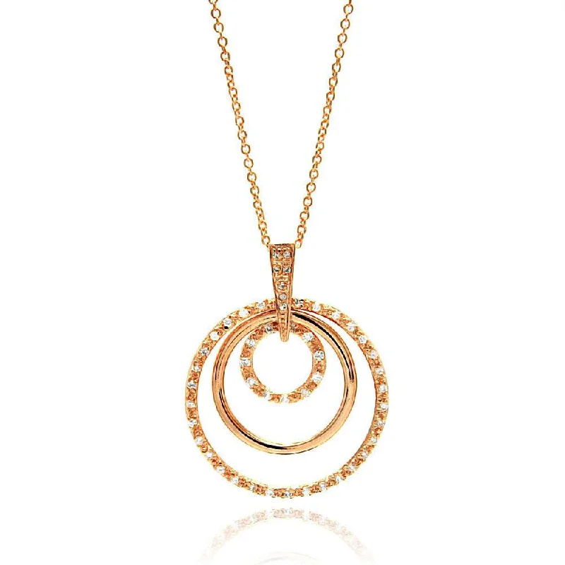 Closeout-Silver 925 Clear CZ Rose Gold Plated Multi Circle Pendant Necklace - STP00101RGP