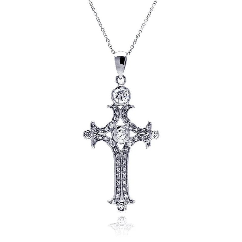 Closeout-Silver 925 Clear CZ Rhodium Plated Fancy Cross Pendant Necklace - STP00111