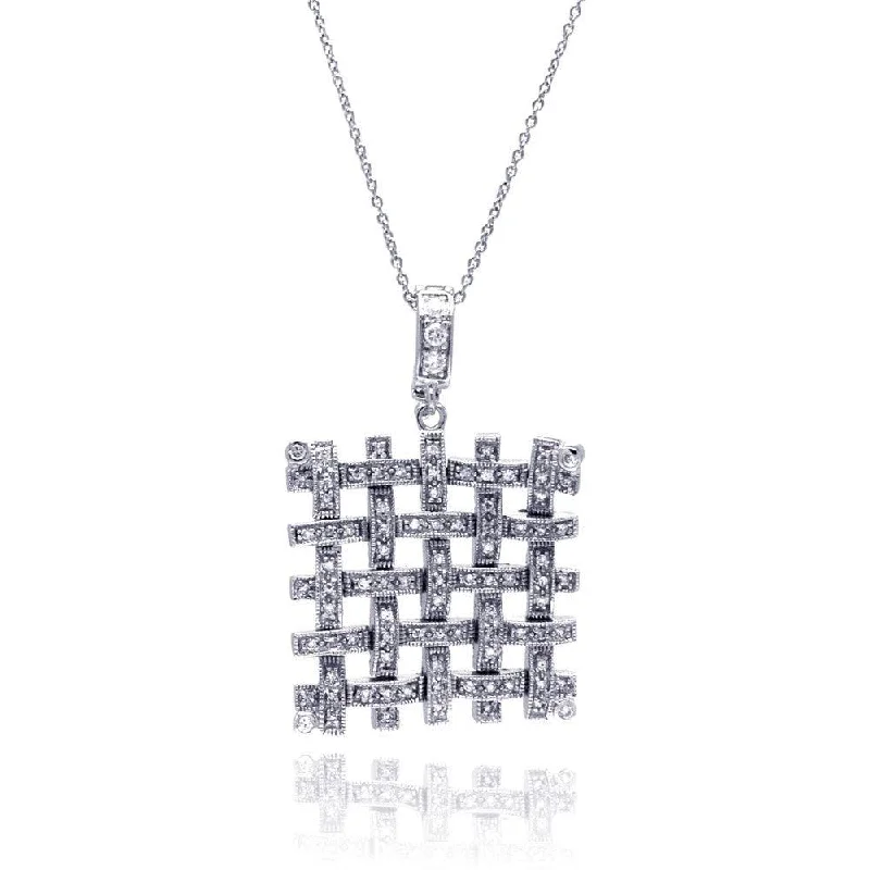 Closeout-Silver 925 Clear CZ Rhodium Plated Mesh Pendant Necklace - STP00028