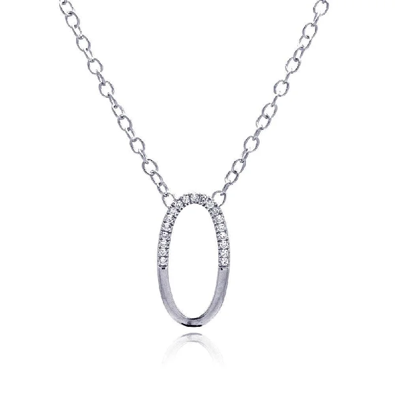 Closeout-Silver 925 Clear CZ Rhodium Plated Oval Pendant Necklace - STP00149