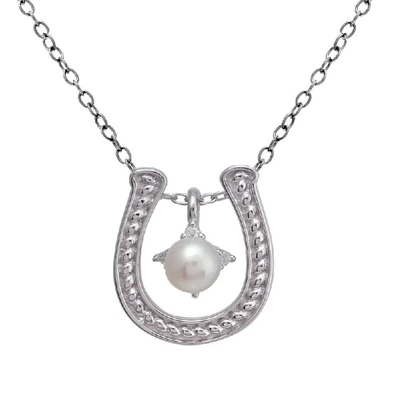 925 Sterling Silver Clear Rhodium Plated Horse Shoe Pearl Center Necklace - BGP01374