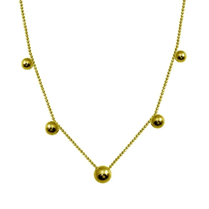 Gold Plated 925 Sterling Silver 5 Beads Diamond Cut Link Necklace - ITN00138-GP