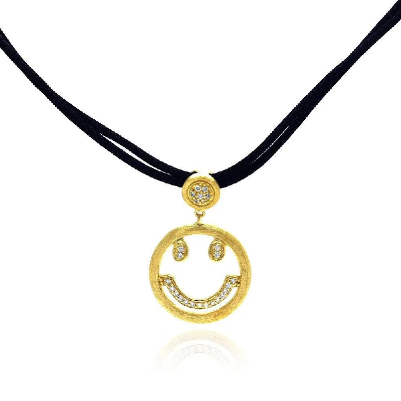 Closeout-Silver 925 Gold Plated Clear CZ Smile Pendant Leather Necklace - STP01052