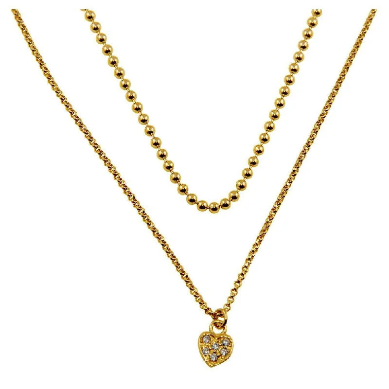 Gold Plated 925 Sterling Silver Double Chain and Drop Heart Necklace - ITN00127GP