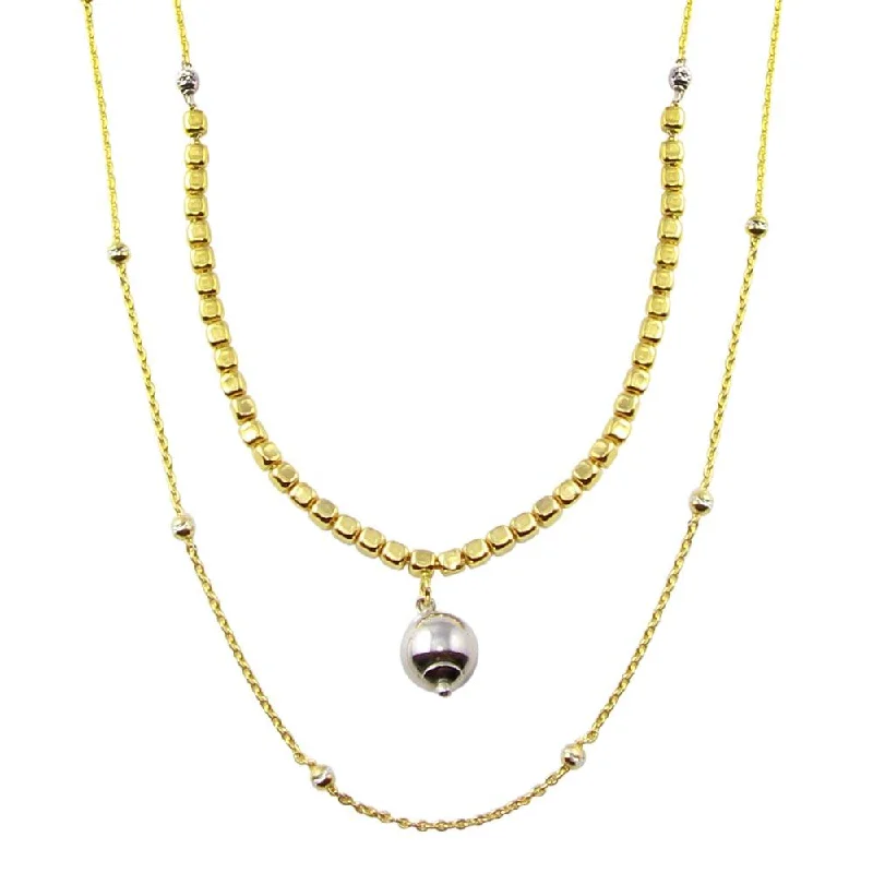 Gold Plated 925 Sterling Silver Multi Chain Cube and Bead Necklace - ECN00059GP