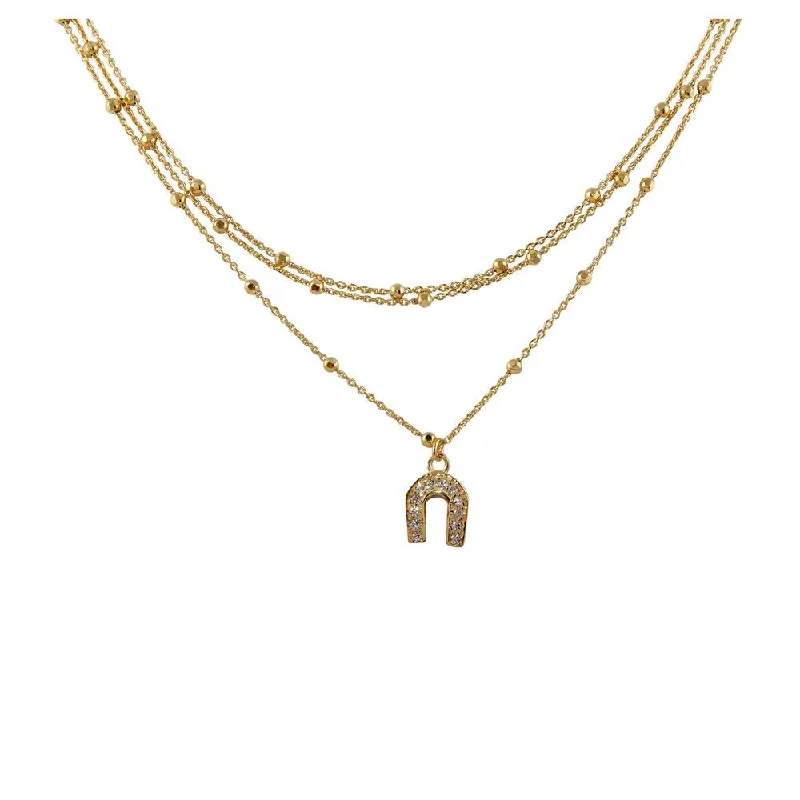 Gold Plated 925 Sterling Silver Multi Chain DC Beaded Horse Shoe Charm Choker Necklace - ITN00126GP