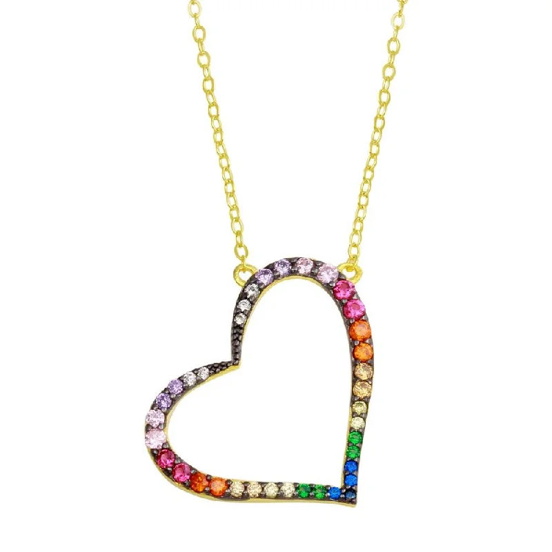 Gold Plated 925 Sterling Silver Multi Color CZ Slanted Heart Pendant Necklace - STP01742