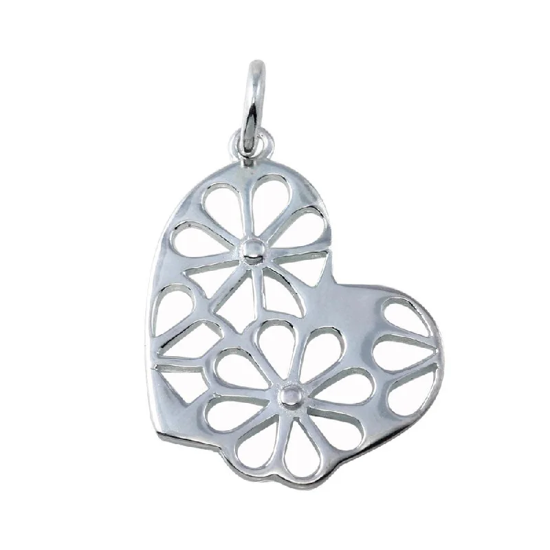 High Polished 925 Sterling Silver CZ Slanted Heart Flower Design Pendant Necklace - STP01752