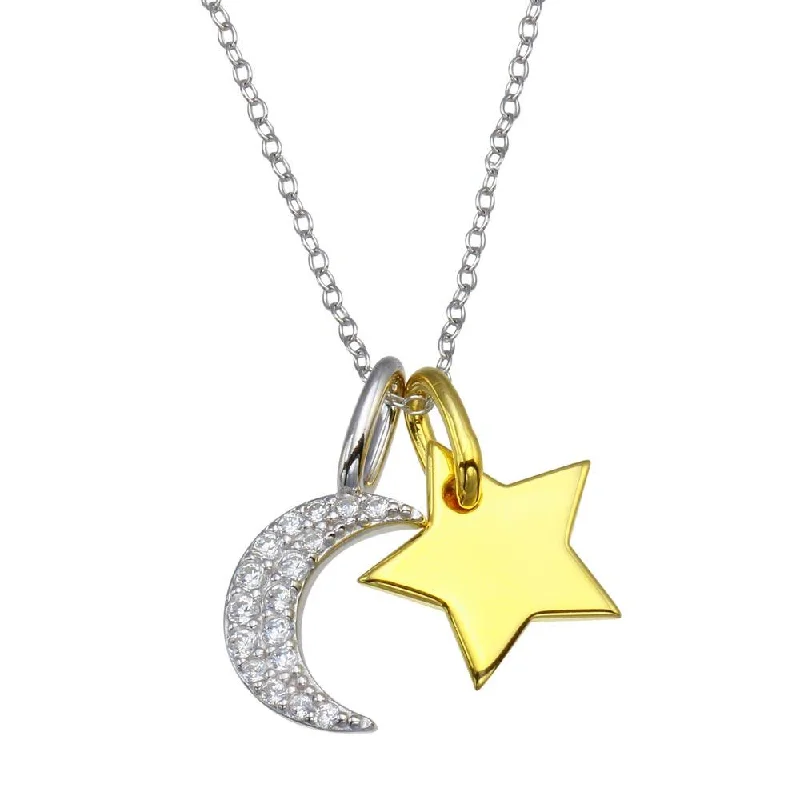 Rhodium Plated 925 Sterling Silver 2 Toned Star and Crescent Moon CZ Necklace - BGP01365