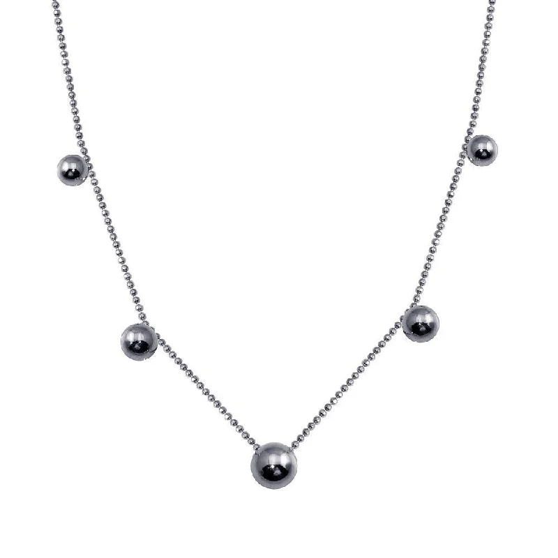 Rhodium Plated 925 Sterling Silver 5 Beads Diamond Cut Link Chain Necklace - ITN00138-RH