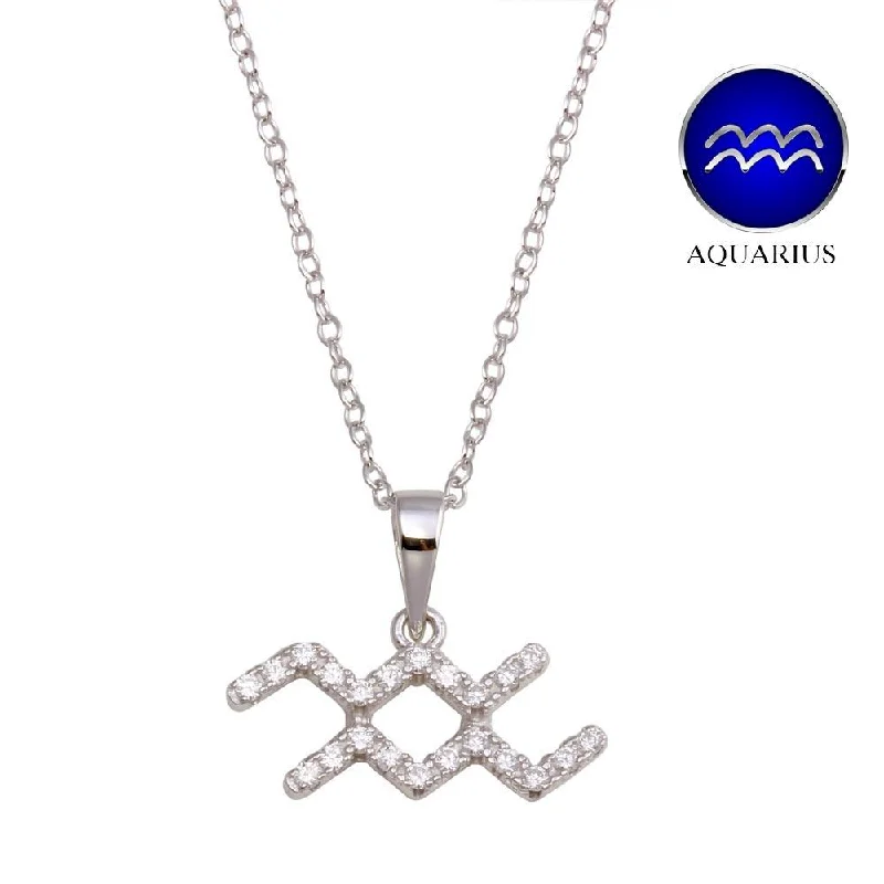 Rhodium Plated 925 Sterling Silver Aquarius CZ Zodiac Sign Necklace - BGP01328