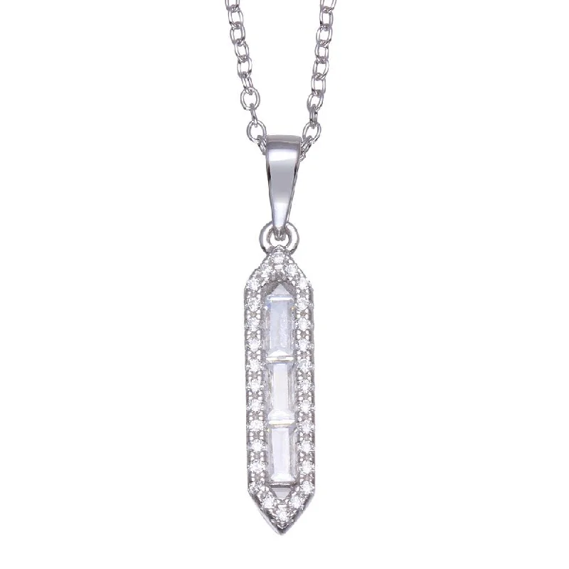 Rhodium Plated 925 Sterling Silver Baguette Vertical Bar CZ Necklace - BGP01362