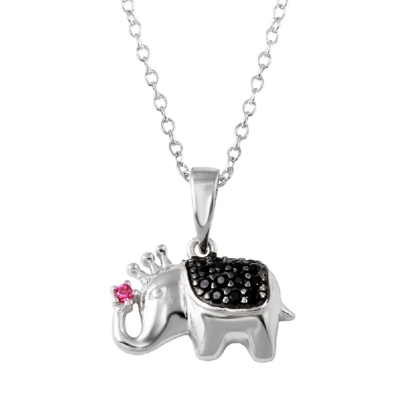 Rhodium Plated 925 Sterling Silver Black and Pink CZ Elephant Pendant Necklace - BGP01323