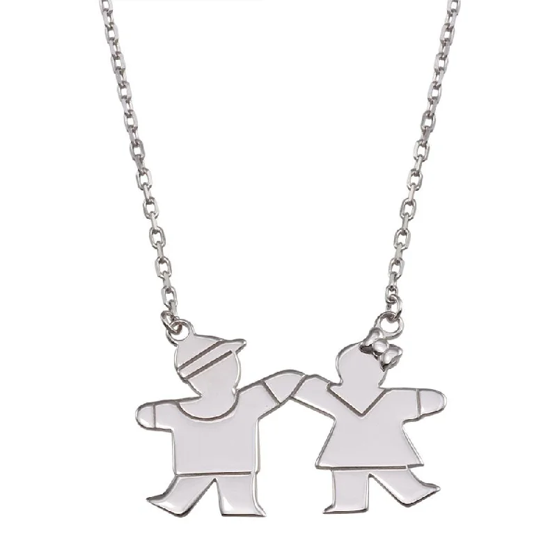 Rhodium Plated 925 Sterling Silver Boy and Girl Necklace with CZ - GMN00119