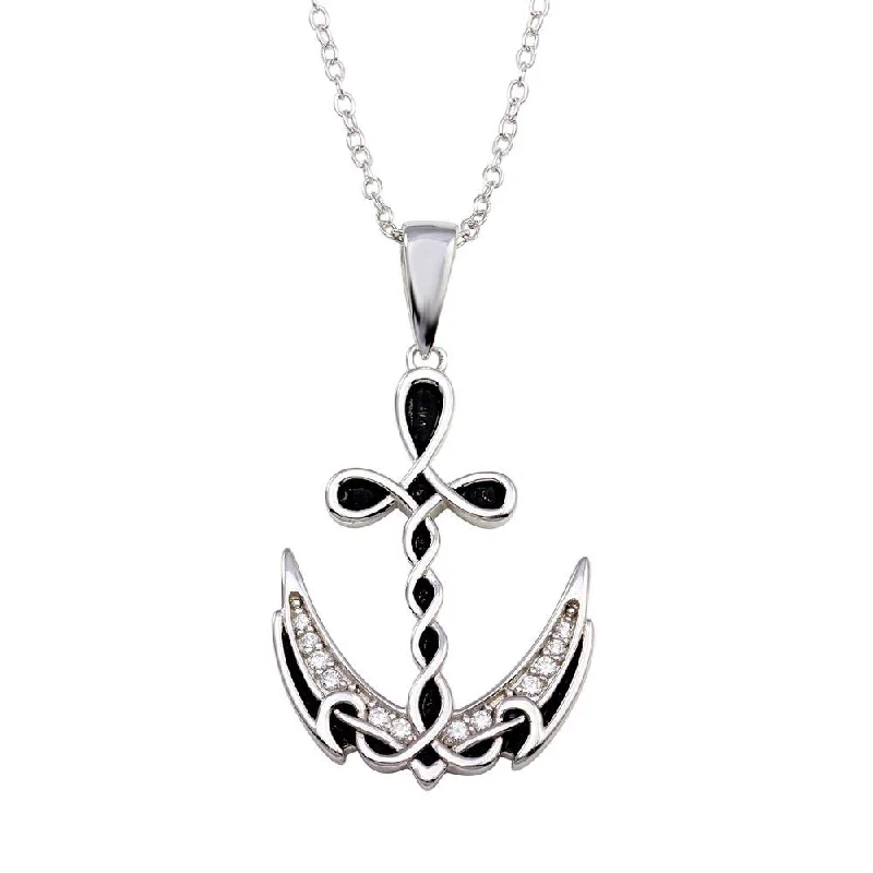 Rhodium Plated 925 Sterling Silver Celtic Design Anchor CZ Necklace - BGP01352