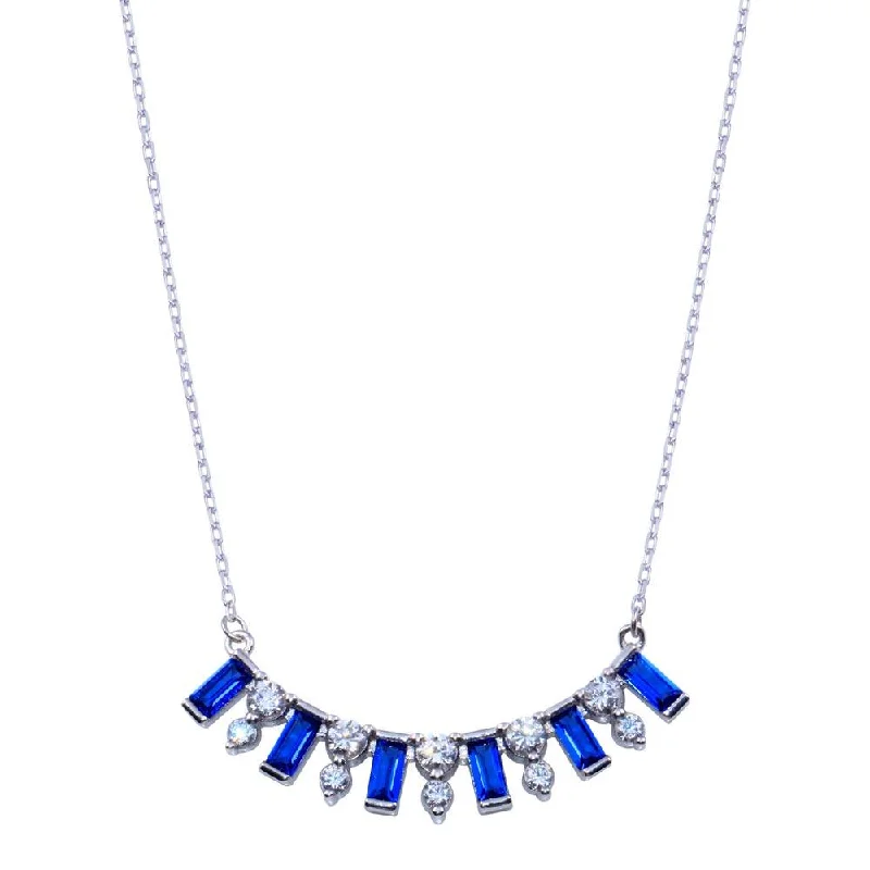 Rhodium Plated 925 Sterling Silver Clear and Blue CZ Necklace - BGP01395