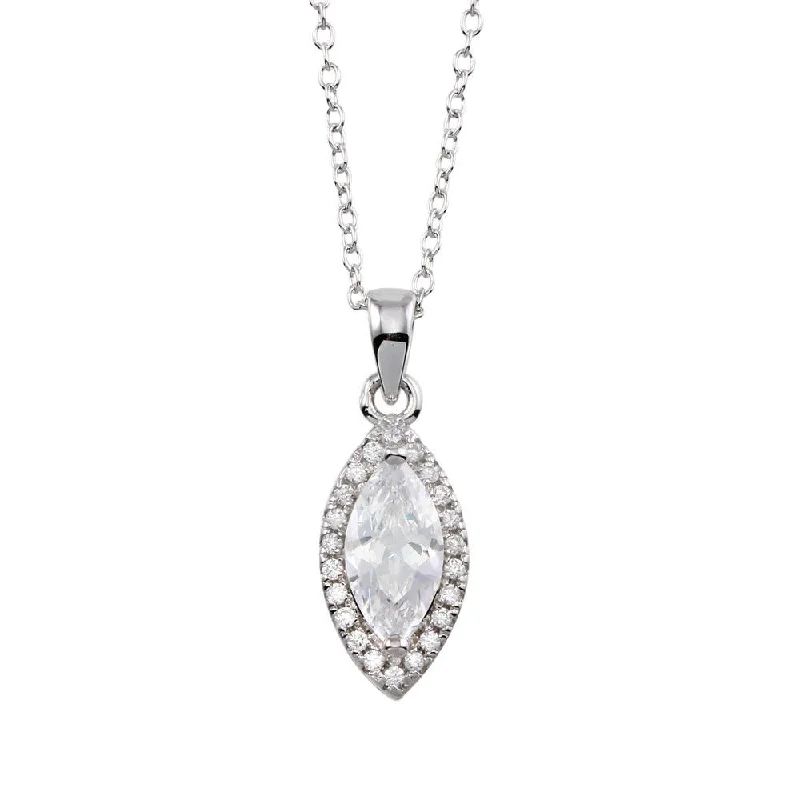 Rhodium Plated 925 Sterling Silver Clear CZ Halo Marquise Shaped Necklace - STP01751