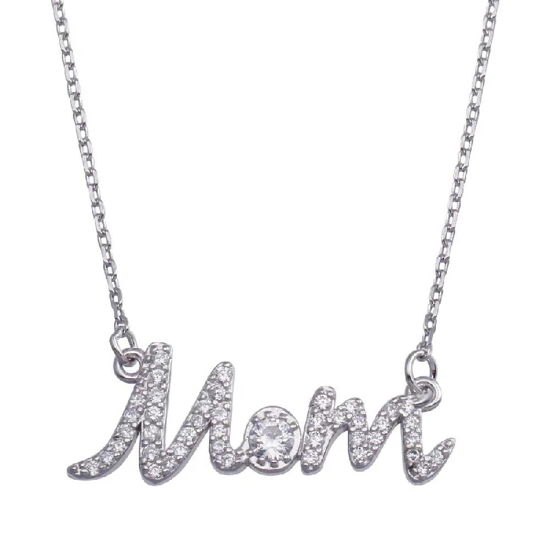 Rhodium Plated 925 Sterling Silver Clear CZ Script MOM Necklace - BGP01380