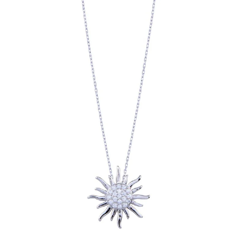 Rhodium Plated 925 Sterling Silver Clear CZ Sun Necklace - BGP01403