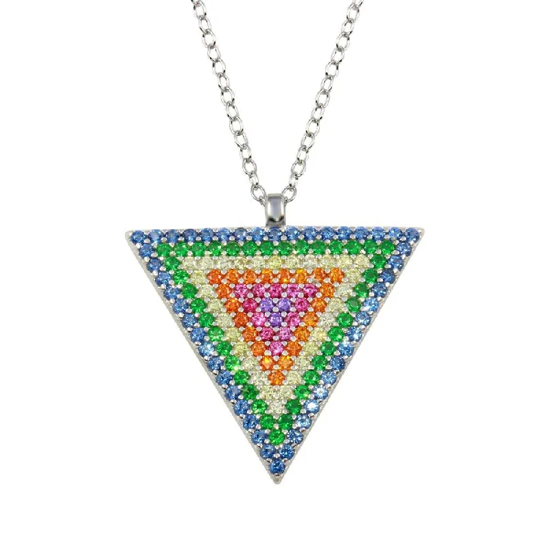 Rhodium Plated 925 Sterling Silver Colorful CZ Triangle Pendant Necklace - STP01718