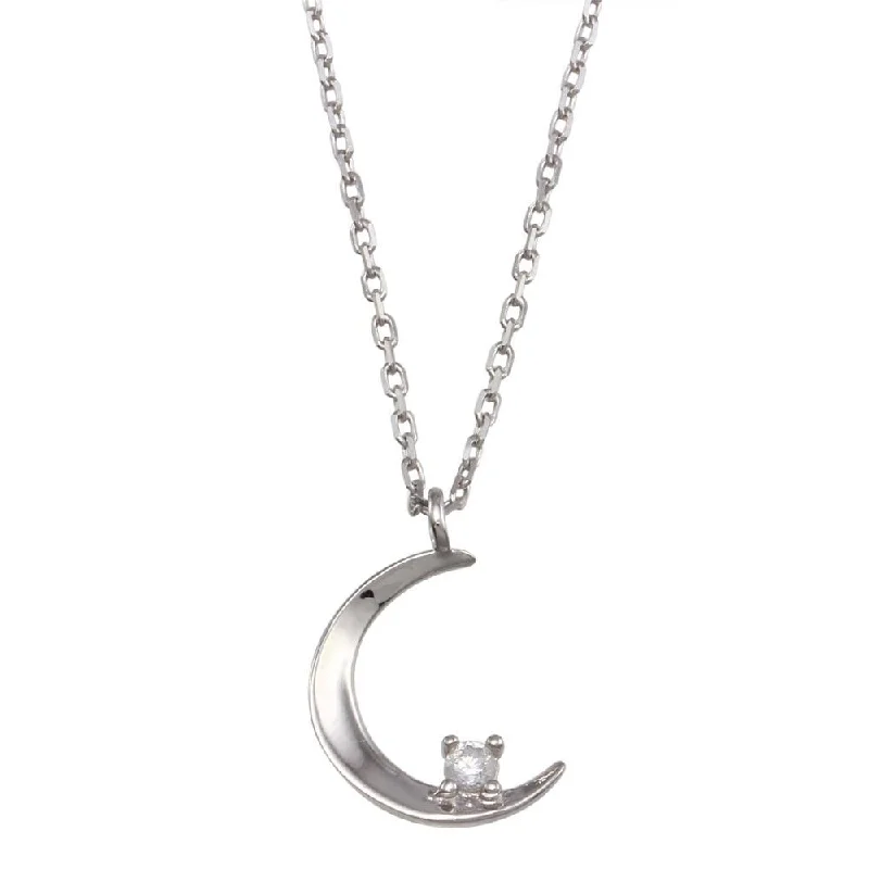 Rhodium Plated 925 Sterling Silver Crescent CZ Necklace - GMN00118