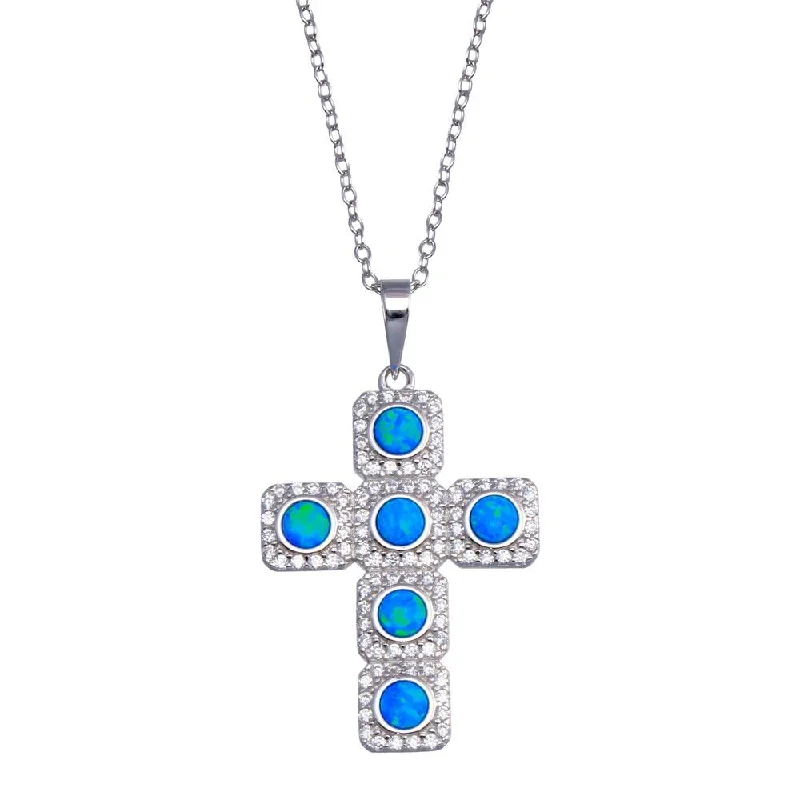 925 Sterling Silver  Rhodium Plated Cross Blue and Clear CZ Necklace - BGP01386