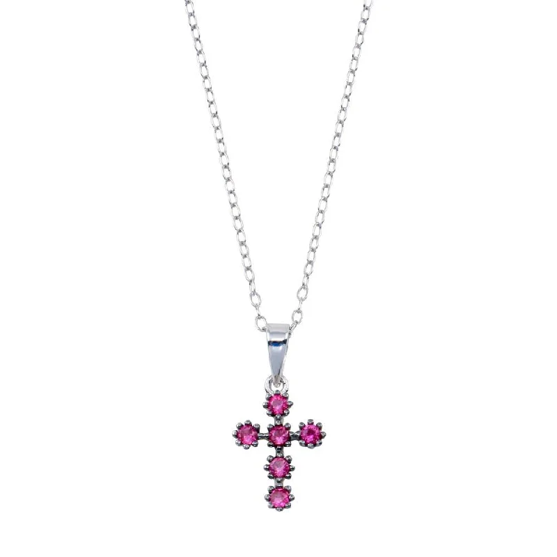 Rhodium Plated 925 Sterling Silver Cross Pink CZ Necklace  - BGP01393