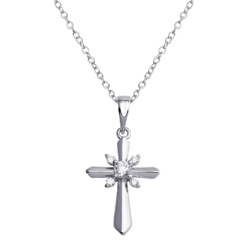 Rhodium Plated 925 Sterling Silver CZ Cross Necklace - BGP01288