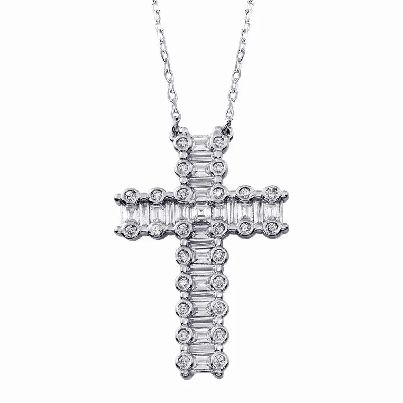 Rhodium Plated 925 Sterling Silver CZ Cross Necklace -BGP01346