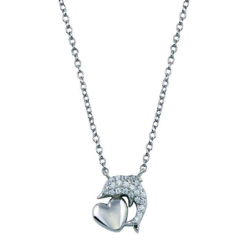 Rhodium Plated 925 Sterling Silver CZ Dolphin Necklace With Heart - STP01778