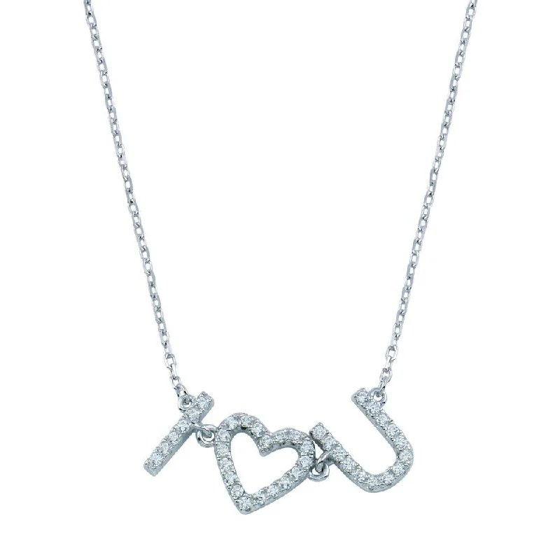 Rhodium Plated 925 Sterling Silver CZ I Heart U Necklace - BGP01394