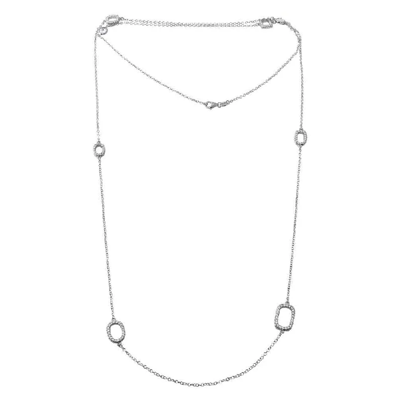 Rhodium Plated 925 Sterling Silver CZ Open Charm Chain Necklace 36" - BGP01197