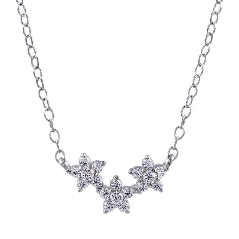 Rhodium Plated 925 Sterling Silver CZ Triple Flower Necklace - STP01755